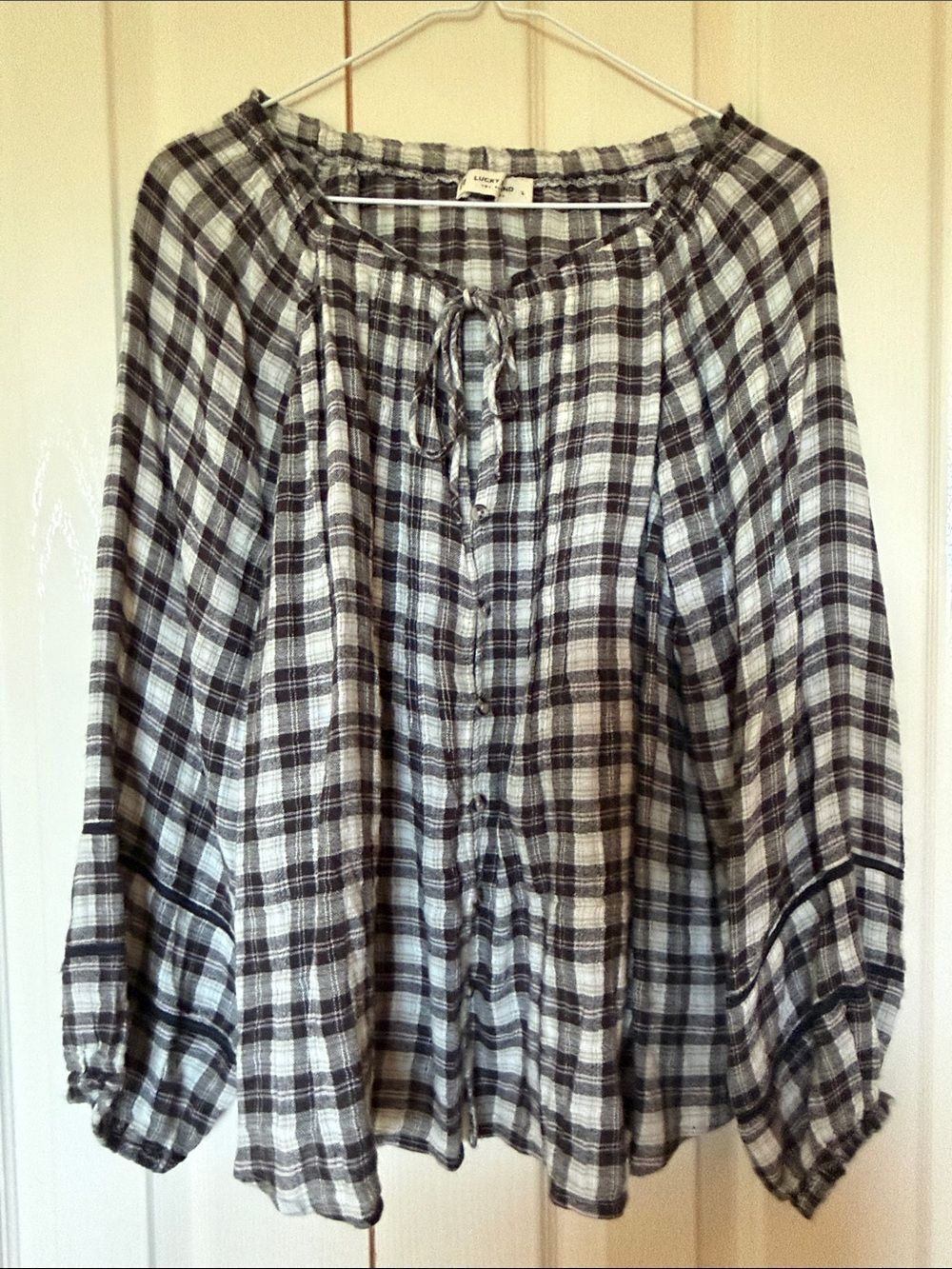 Lucky Brand Black and White Plaid Peasant Blouse